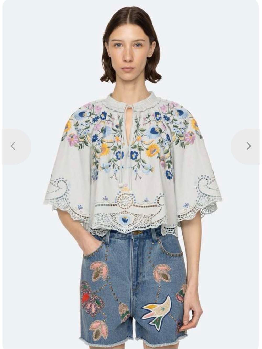 Sea New York Celia top- Pale Blue Floral Embroidered Peasant Blouse